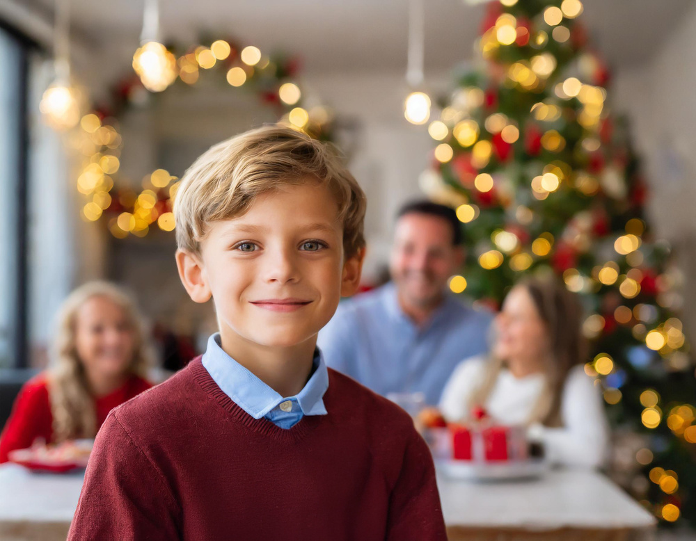 Na pierwszym planie stoi chłopiec, a w tle jego rodzina obok choinki śpiewa kolędy
