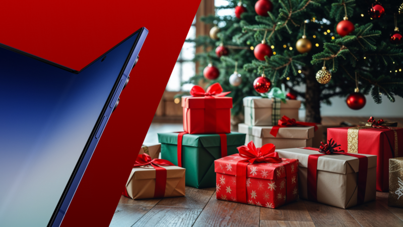 Telefon Samsung na tle choinki i prezentów.