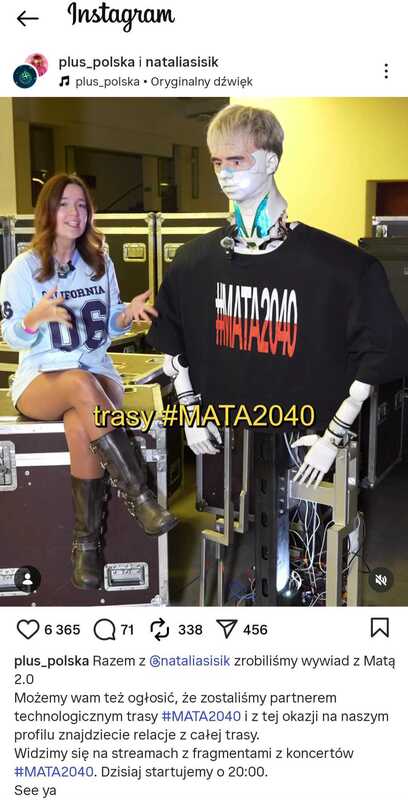 Screen z instagrama, na którym widać wideo Natalii Sisik, prowadzącej wywiad z robotem Maty