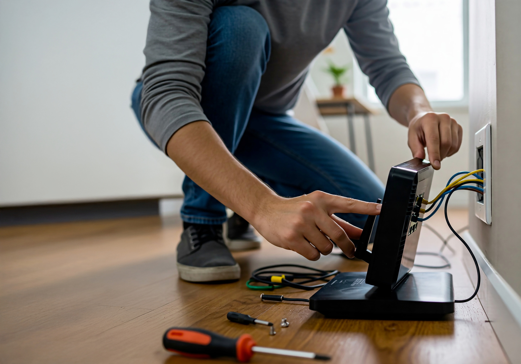 Technik instaluje router w domu klienta