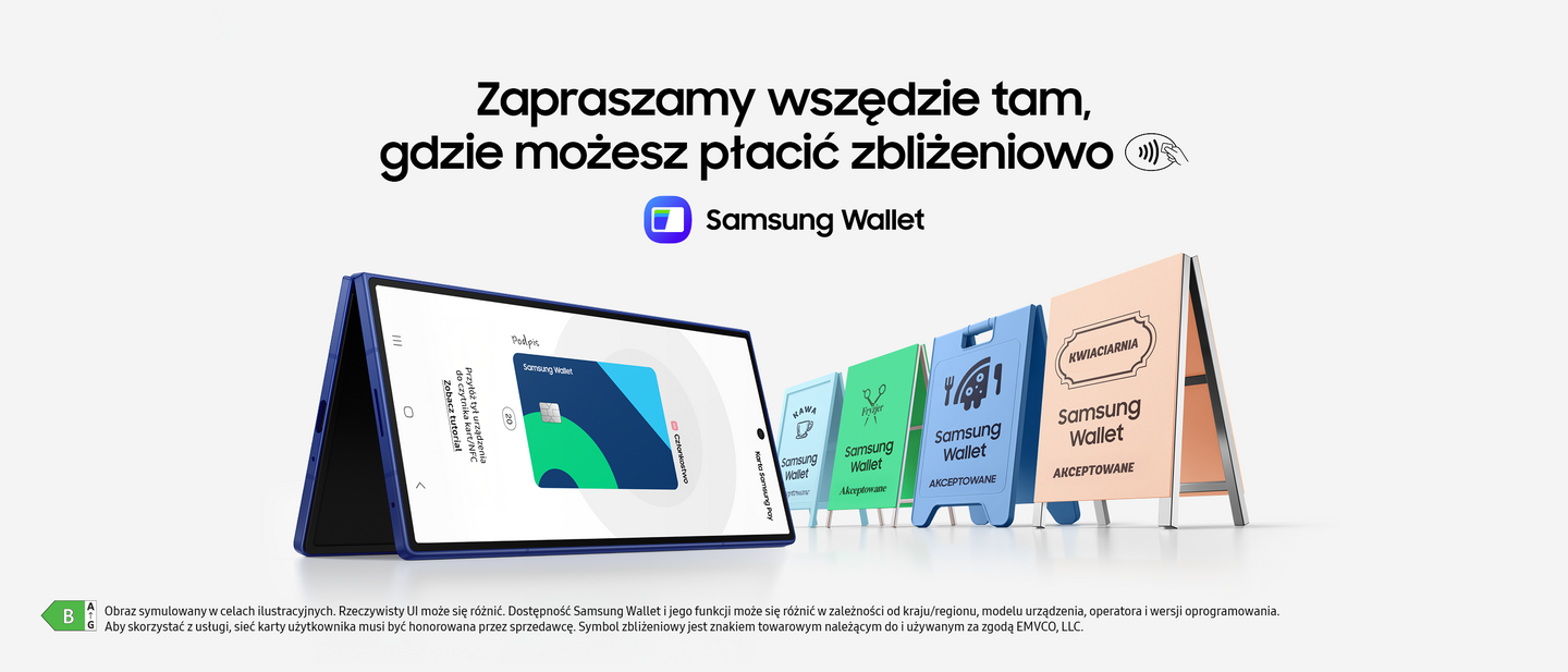 Baner promujący stosowanie Samsung Wallet wszędzie tam, gdzie mozna płacić zbliżeniowo