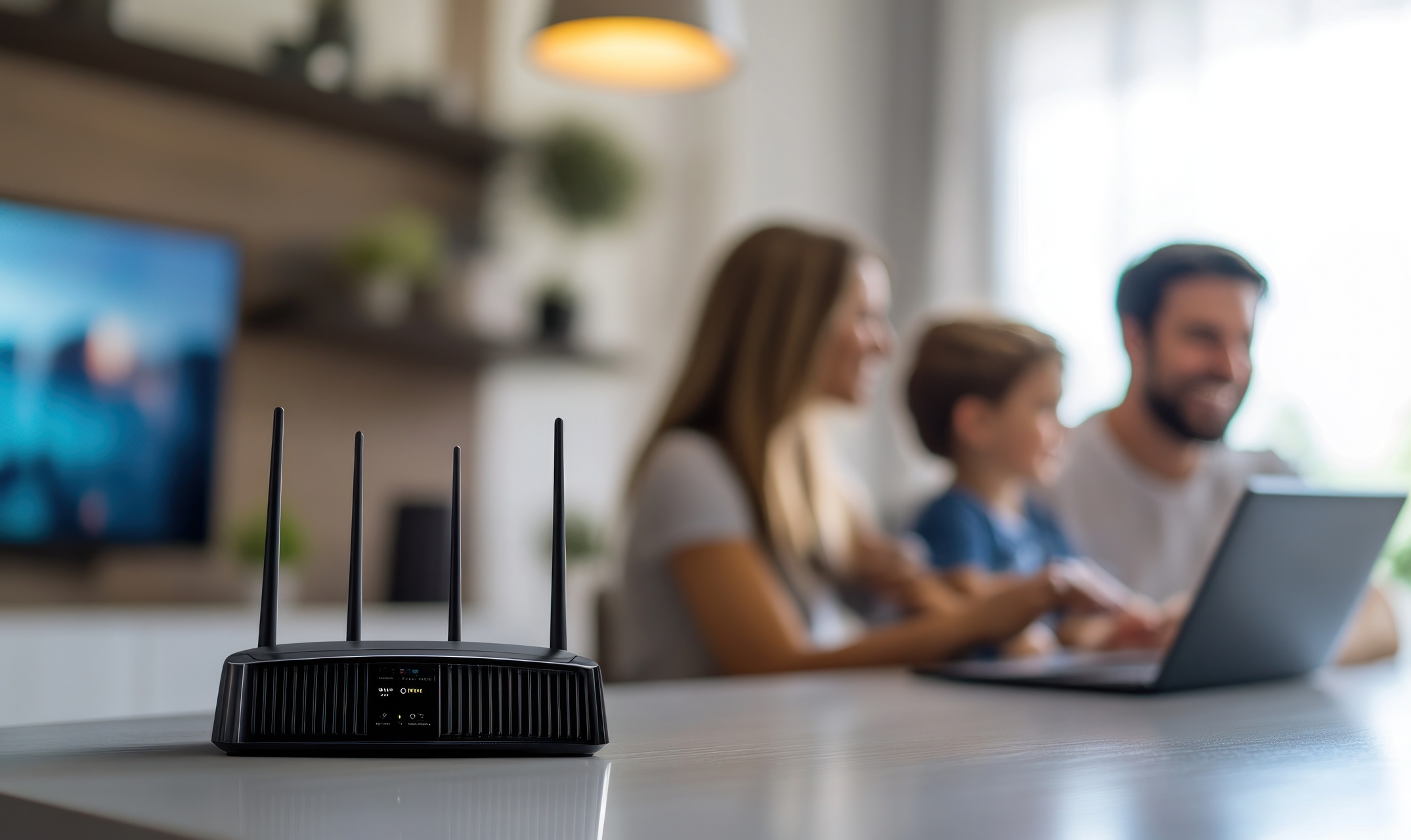 Router na tle rodziny korzystającej z internetu