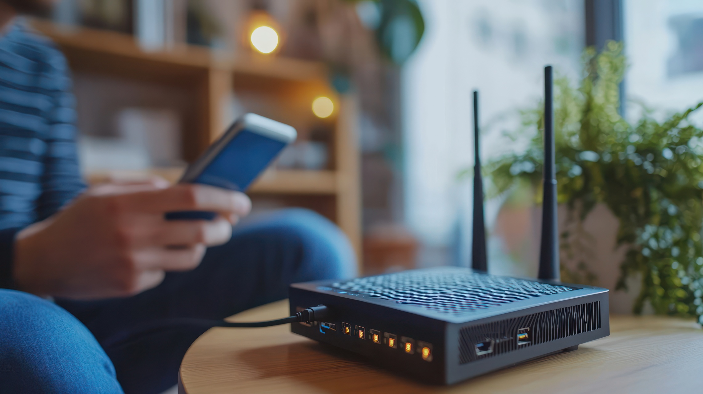 Router na tle osoby korzystającej z WiFi na telefonie