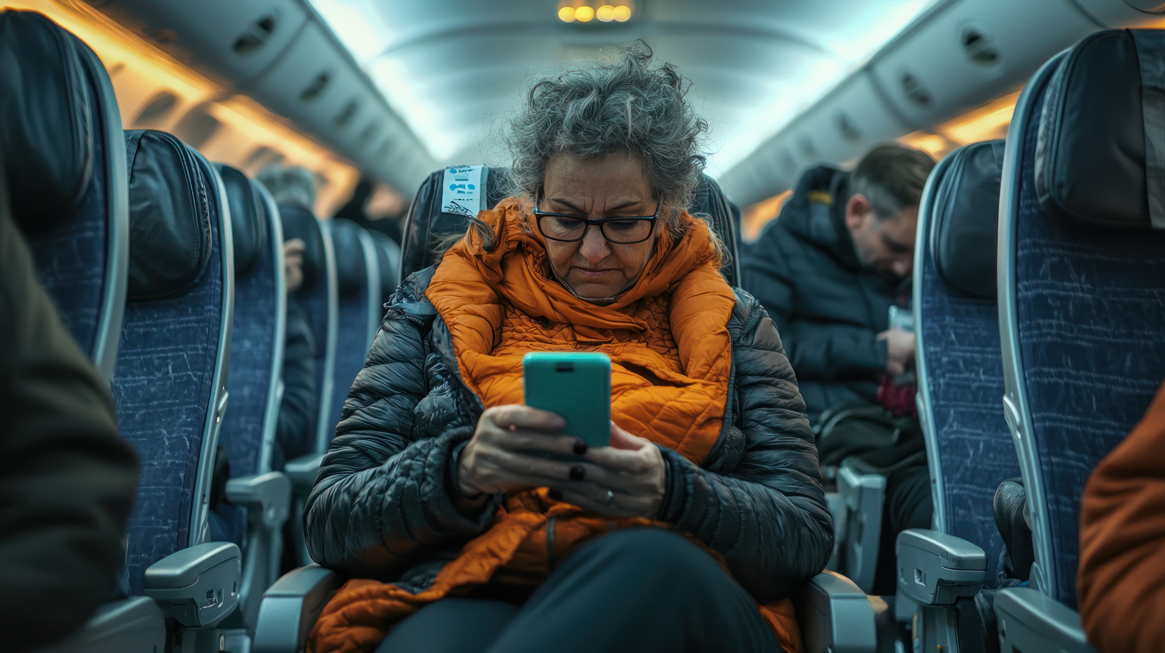 Kobieta w samolocie korzysta z pokładowego WiFi przy uruchomionym trybie samolotowym