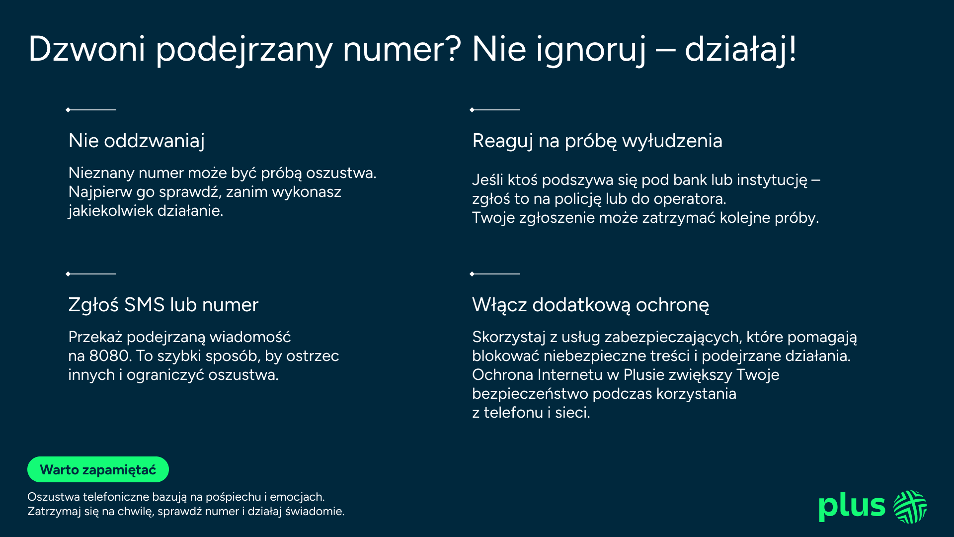 Dzwoni podejrzany numer? Nie ignoruj – działaj! Nie oddzwaniaj Nieznany numer może być próbą oszustwa. Najpierw go sprawdź, zanim wykonasz jakiekolwiek działanie. Reaguj na próbę wyłudzenia Jeśli ktoś podszywa się pod bank lub instytucję – zgłoś to na policję lub do operatora. Twoje zgłoszenie może zatrzymać kolejne próby. Zgłoś SMS lub numer Przekaż podejrzaną wiadomość na 8080. To szybki sposób, by ostrzec innych i ograniczyć oszustwa. Włącz dodatkową ochronę Skorzystaj z usług zabezpieczających, które pomagają blokować niebezpieczne treści i podejrzane działania. Ochrona Internetu w Plusie zwiększy Twoje bezpieczeństwo podczas korzystania z telefonu i sieci. Warto zapamiętać Oszustwa telefoniczne bazują na pośpiechu i emocjach. Zatrzymaj się na chwilę, sprawdź numer i działaj świadomie.