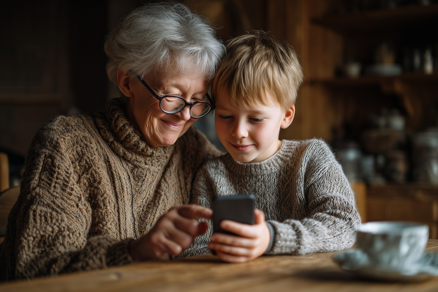 Młodszy chłopiec tłumaczy swojej babci jak korzystać z jej nowego telefonu dla seniora.