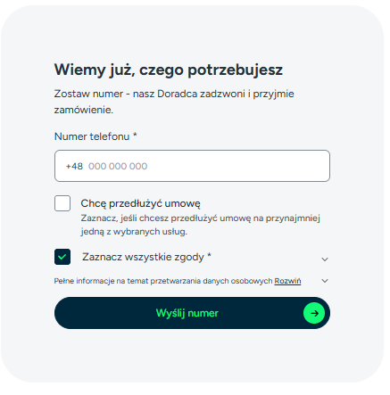 Widok na formularz na końcu konfiguratora Usług Łączonych z zaznaczonym obowiązkowym boxem dotyczącym zgody na kontakt.