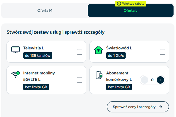 Widok na konfigurator Usług Łączonych po wejściu na stronę.