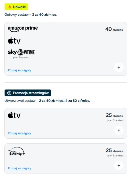 Widok na konfigurator Usług Łączonych krok 2 - wybór streamingów paczka Amazon Prime, Apple TV, Sky ShowTime oraz oddzielnie Apple TV i Disney+