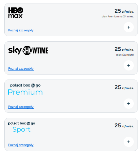Widok na konfigurator Usług Łączonych krok 2 - wybór streamingów HBO MAX, Sky Showtime, Polsat Box Go Premium i Polsat Box Go Sport