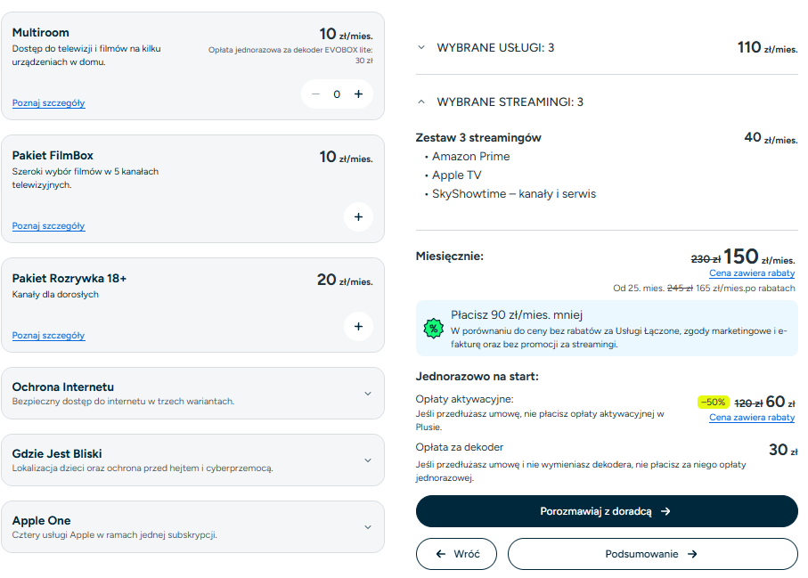 Widok na konfigurator Usług Łączonych krok 3 - wybór usług dodatkowych w Polsat Box: Multiroom, Pakiet FilmBox, Pakiet Rozrywka+ oraz Plusie: Ochrona Internetu, Gdzie Jest Bliski, Apple One