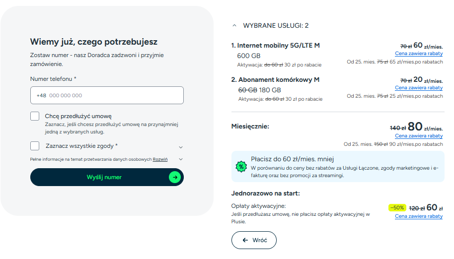 Widok na konfigurator Usług Łączonych krok 4 - podsumowanie wybranych opcji i ostateczna kwota