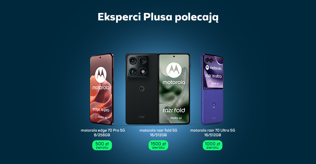 Baner promujący casback za zakup nowej motoroli w Plusie - motorola edge 70 pro 500 zł zwrotu, motorola razr fold 1500 zł zwrotu oraz motorola razr 70 ultra 1000 zł zwrotu