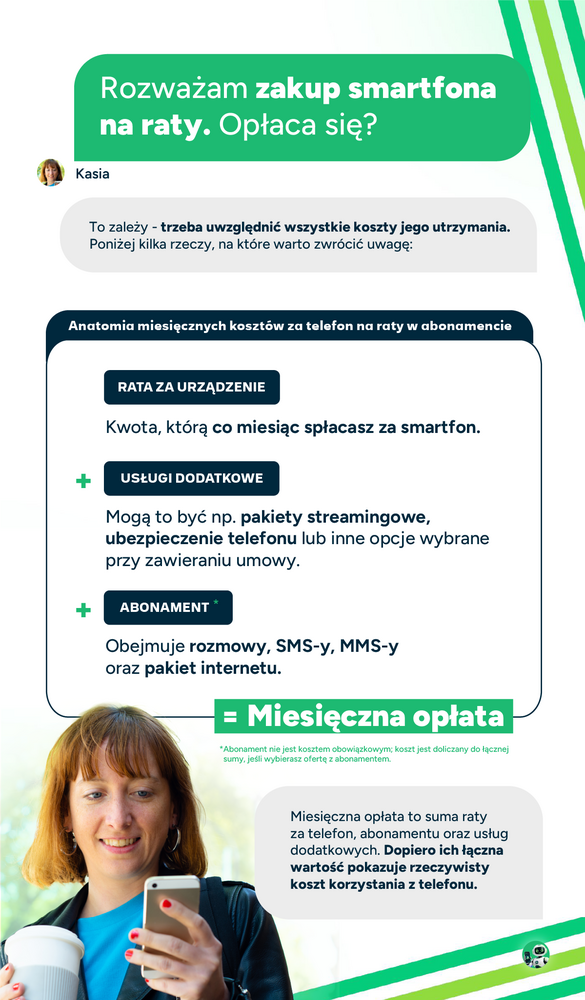 Infografika podsumowująca z czego składa się miesięczna opłata za telefon, gdy weźmiesz smartfona na raty = rata za urządzenie + ewentualne usługi dodatkowe + abonament, jeśli wybierzesz ofertę z abonamentem.