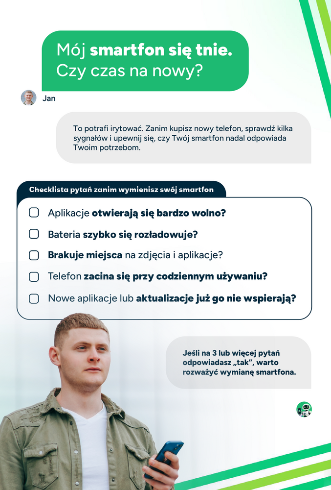 Checklista pytań zanim wymienisz swój smartfon: szybkość otwierania aplikacji, szybkość rozładowania baterii, brak miejsca na zdjęcia i aplikacje, zacinanie się przy codziennym używaniu, brak aktualizacji lub nowych aplikacji.