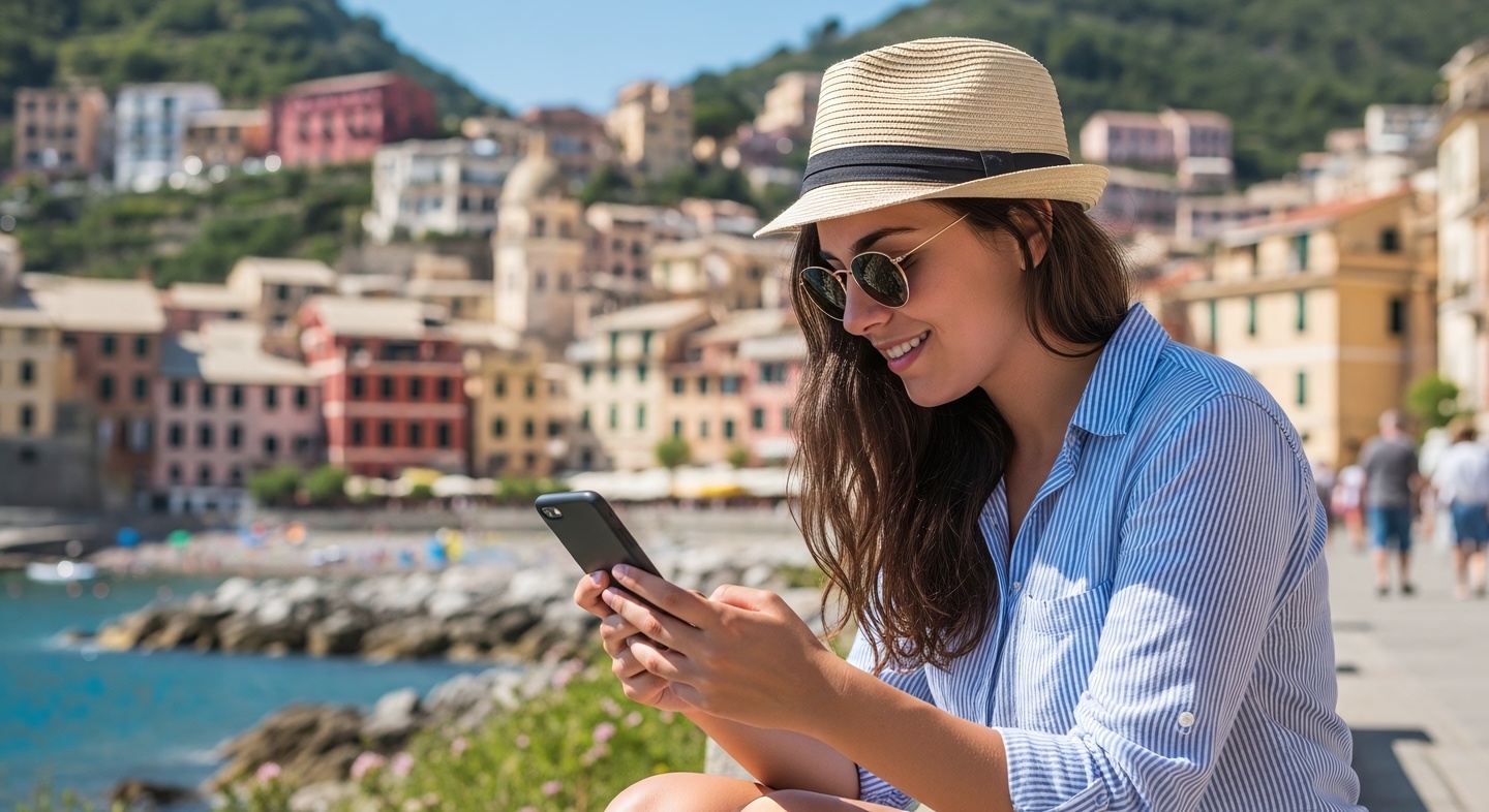 Kobieta korzysta z telefonu na wakacjach za granicą poza UE, dzięki ofercie roamingu w Plusie