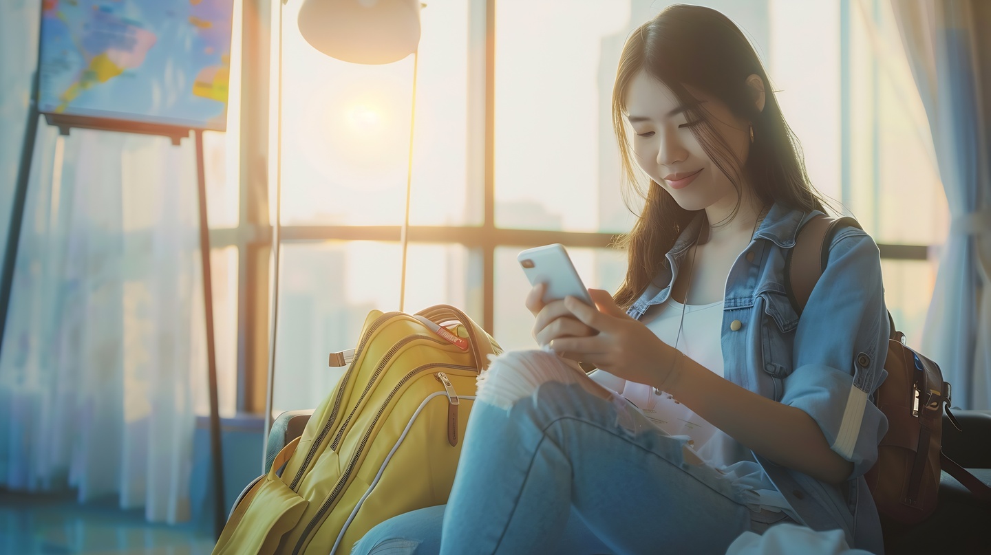 Dziewczyna siedzi w otoczeniu plecaków i planuje dzień w podróży na swoich telefonie Samsung Galaxy.