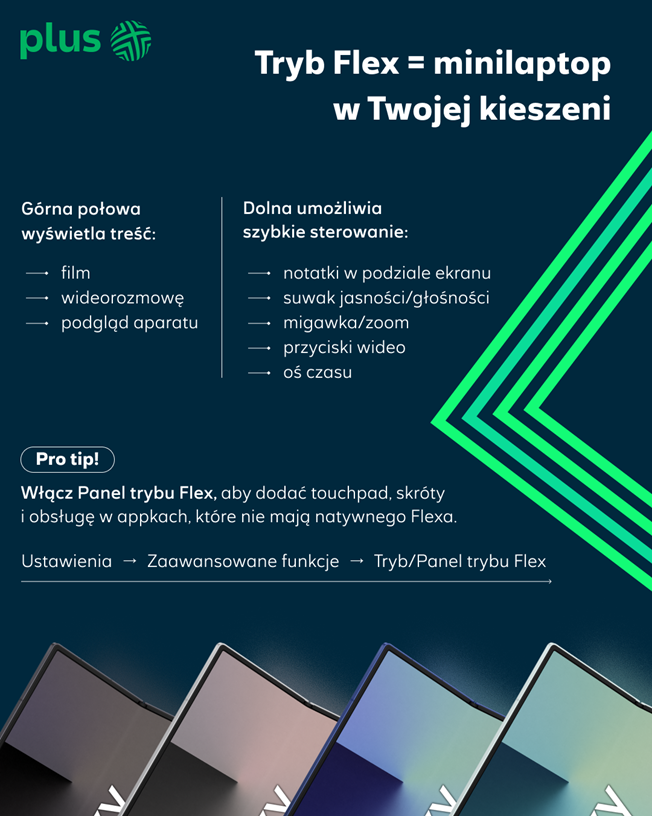 Galaxy Z Fold 7 – Tryb Flex działa jak minilaptop: górna połowa ekranu wyświetla film/wideo/podgląd aparatu, dolna daje szybkie sterowanie (notatki w podziale, suwak jasności i głośności, migawka i zoom, przyciski wideo, oś czasu). Wskazówka: włącz Panel trybu Flex w Ustawienia > Zaawansowane funkcje.