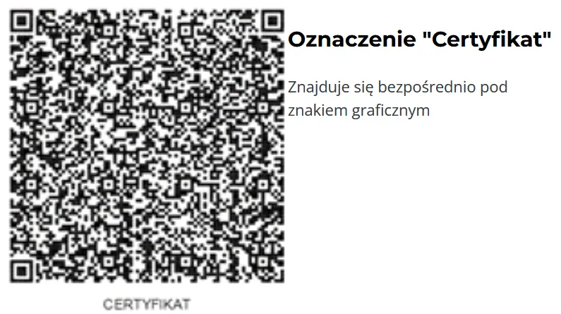 Obraz przedstawiający przykład kodu QR z oznaczeniem CERTYFIKAT.